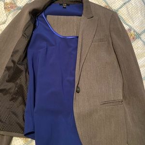 Beige business suit with blue satin ribbed tank